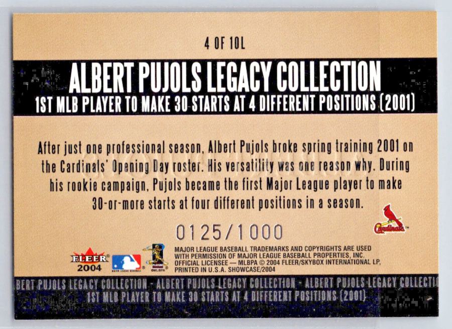 Reverso - Tarjeta Albert Pujols Fleer Showcase 2004 #4 OF 10L
