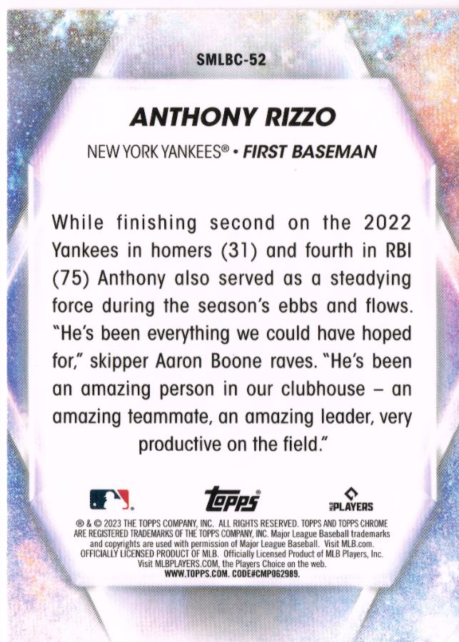 Reverso - Tarjeta Anthony Rizzo Topps Chrome 2023 #SMLBC-52