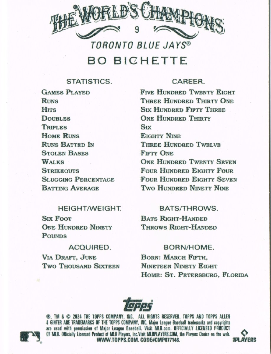 Reverso - Tarjeta Bo Bichette Topps 2024 #No. 9