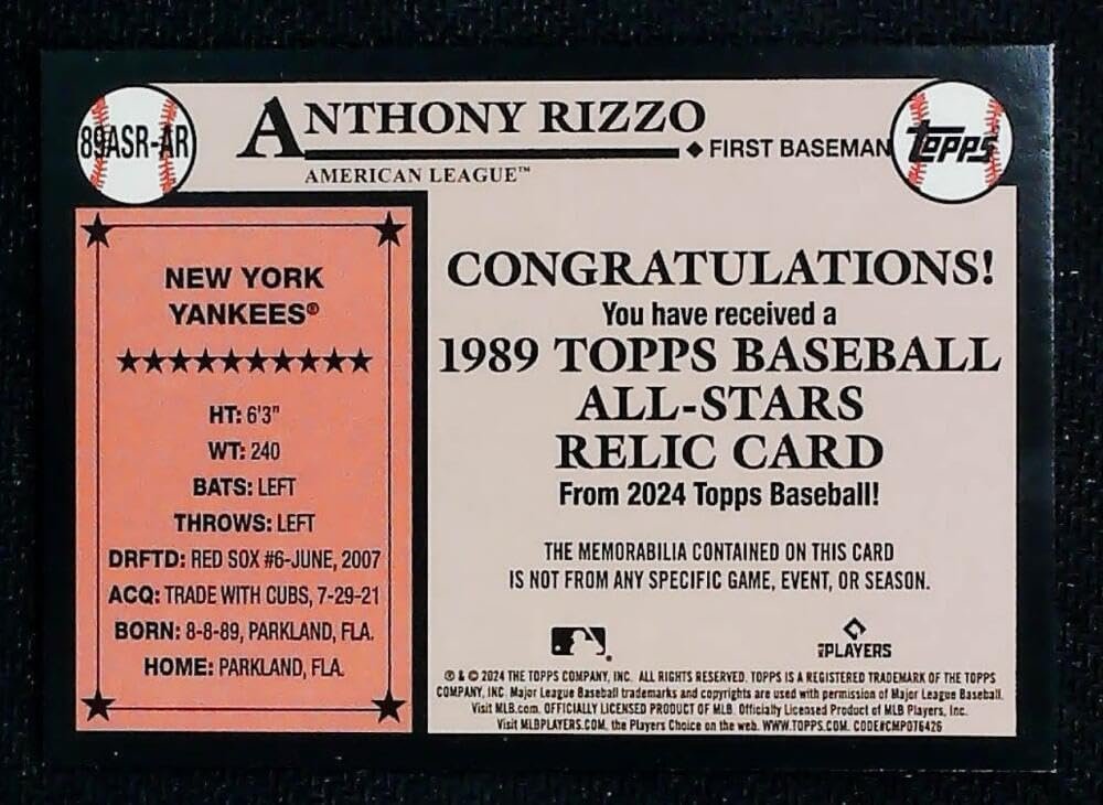 Reverso - Tarjeta Anthony Rizzo Topps 2024
