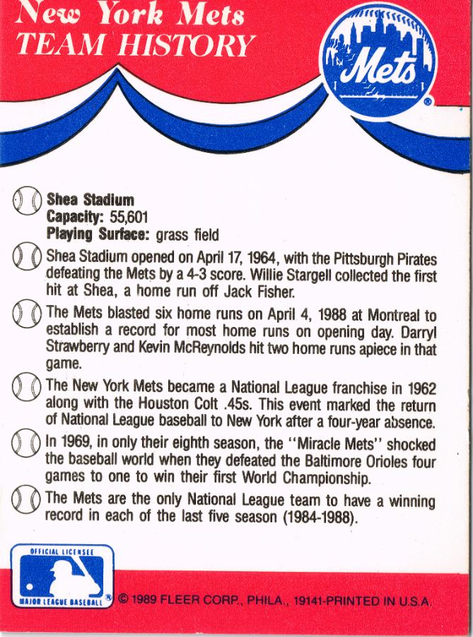 Reverso - Tarjeta New York Mets Fleer 1989 #N/A