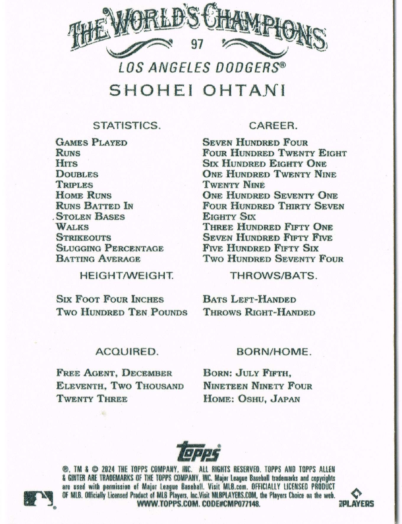 Reverso - Tarjeta Shohei Ohtani Topps 2024 #N/A