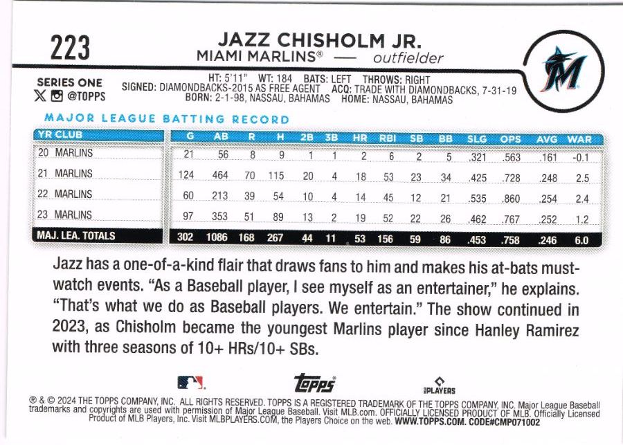 Reverso - Tarjeta Jazz Chisholm Jr. Topps 2024 #223