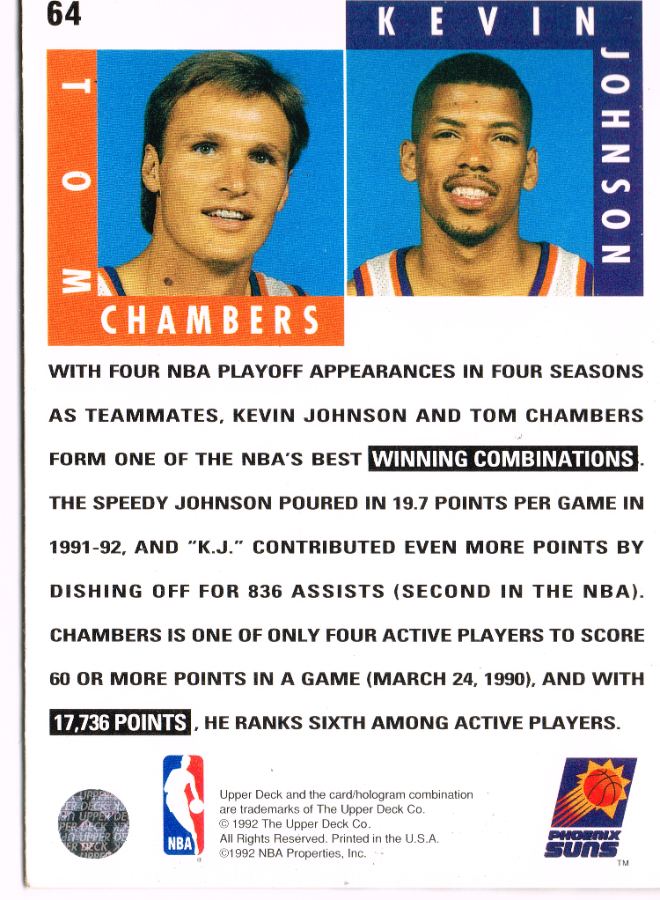 Reverso - Tarjeta Tom Chambers / Kevin Johnson Upper Deck 1992 #64