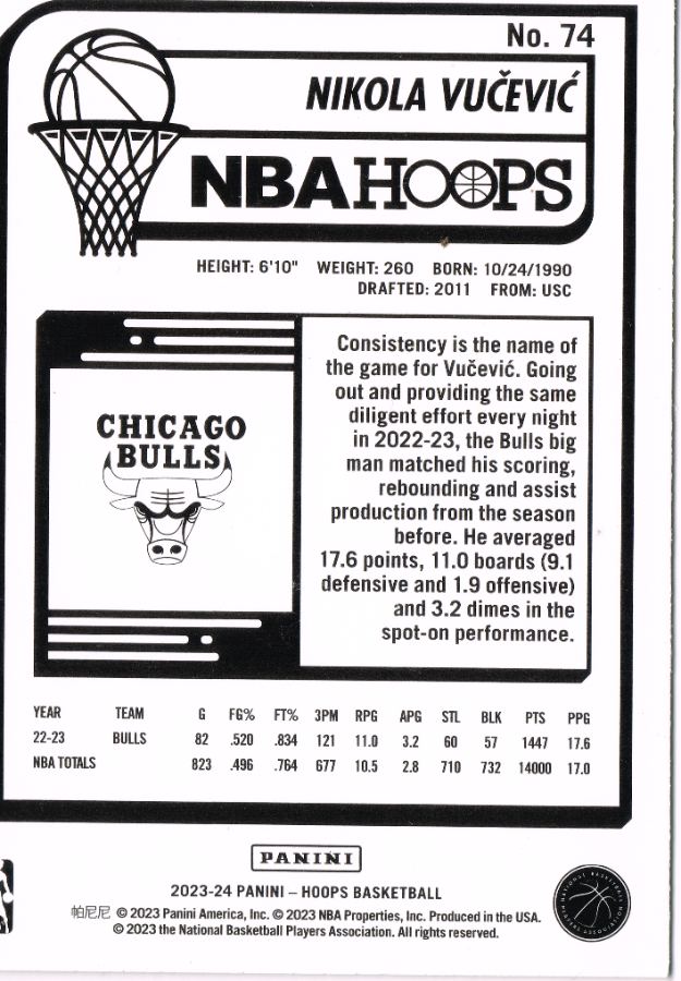 Reverso - Tarjeta Nikola Vučević Panini Hoops 2023 #No. 74