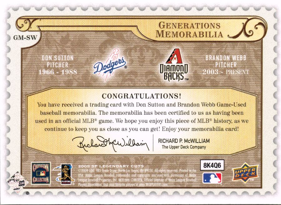 Reverso - Tarjeta Don Sutton & Brandon Webb Upper Deck 2009 #GM-SW
