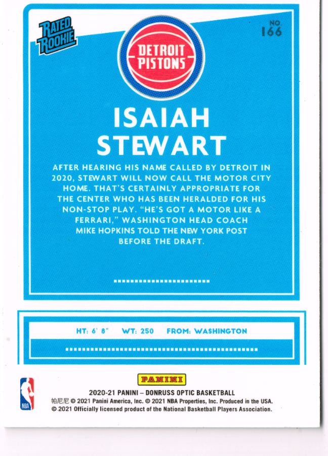 Reverso - Tarjeta Isaiah Stewart Panini 2020 #166