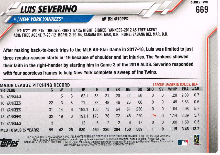 Reverso - Tarjeta Luis Severino Topps 2020 #No. 669