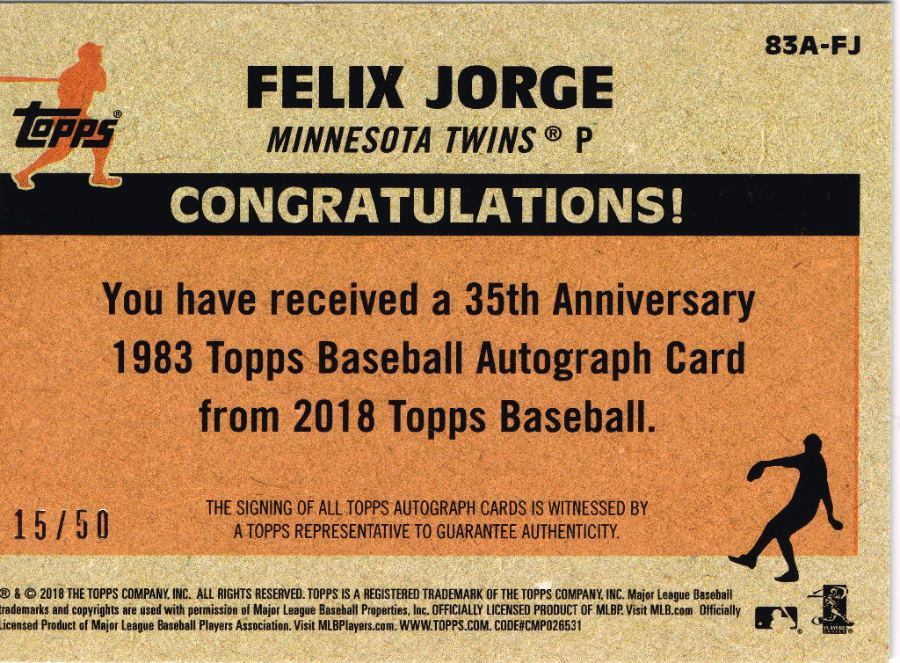 Reverso - Tarjeta Felix Jorge Topps 2018 #83A-FJ