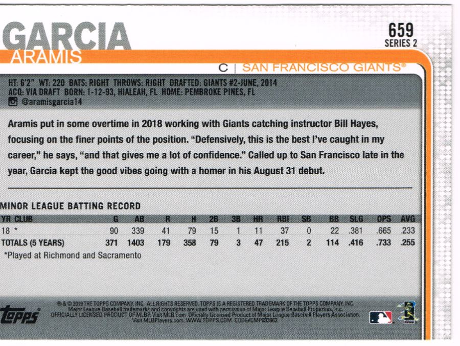 Reverso - Tarjeta Aramis Garcia Topps 2019 #No. 659