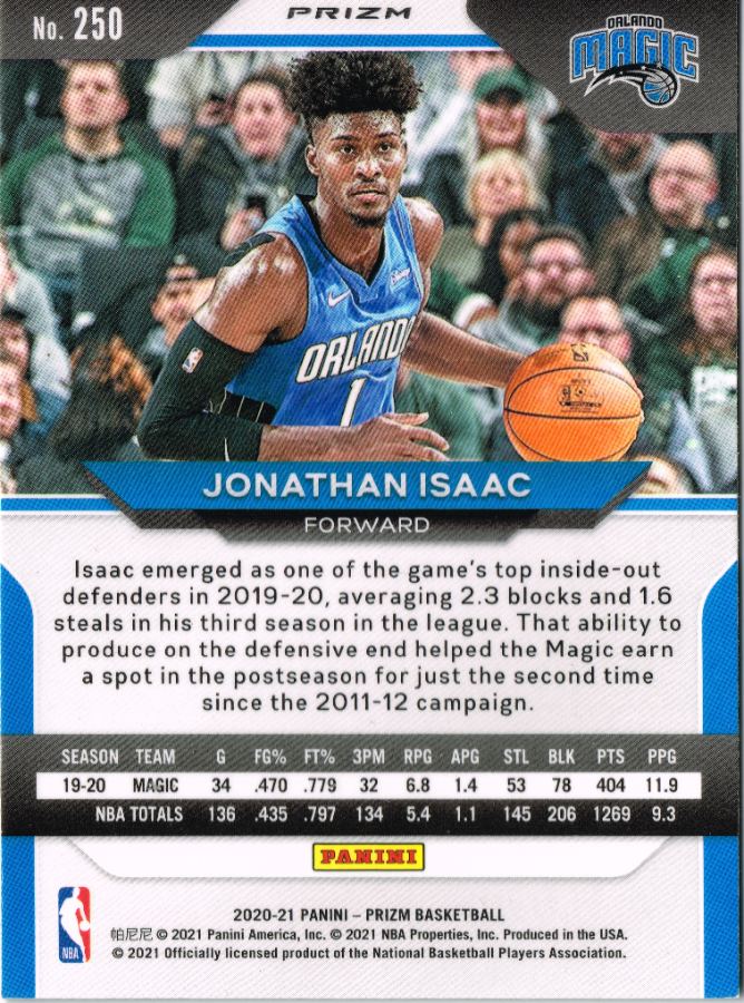 Reverso - Tarjeta Jonathan Isaac Panini Prizm 2020 #No. 250
