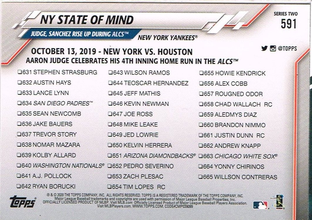 Reverso - Tarjeta Aaron Judge & Gary Sánchez Topps 2020 #591