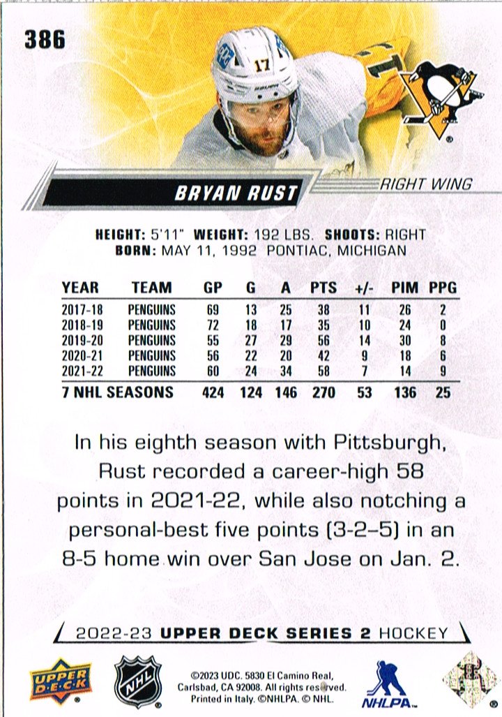 Reverso - Tarjeta Bryan Rust Upper Deck 2023 #386