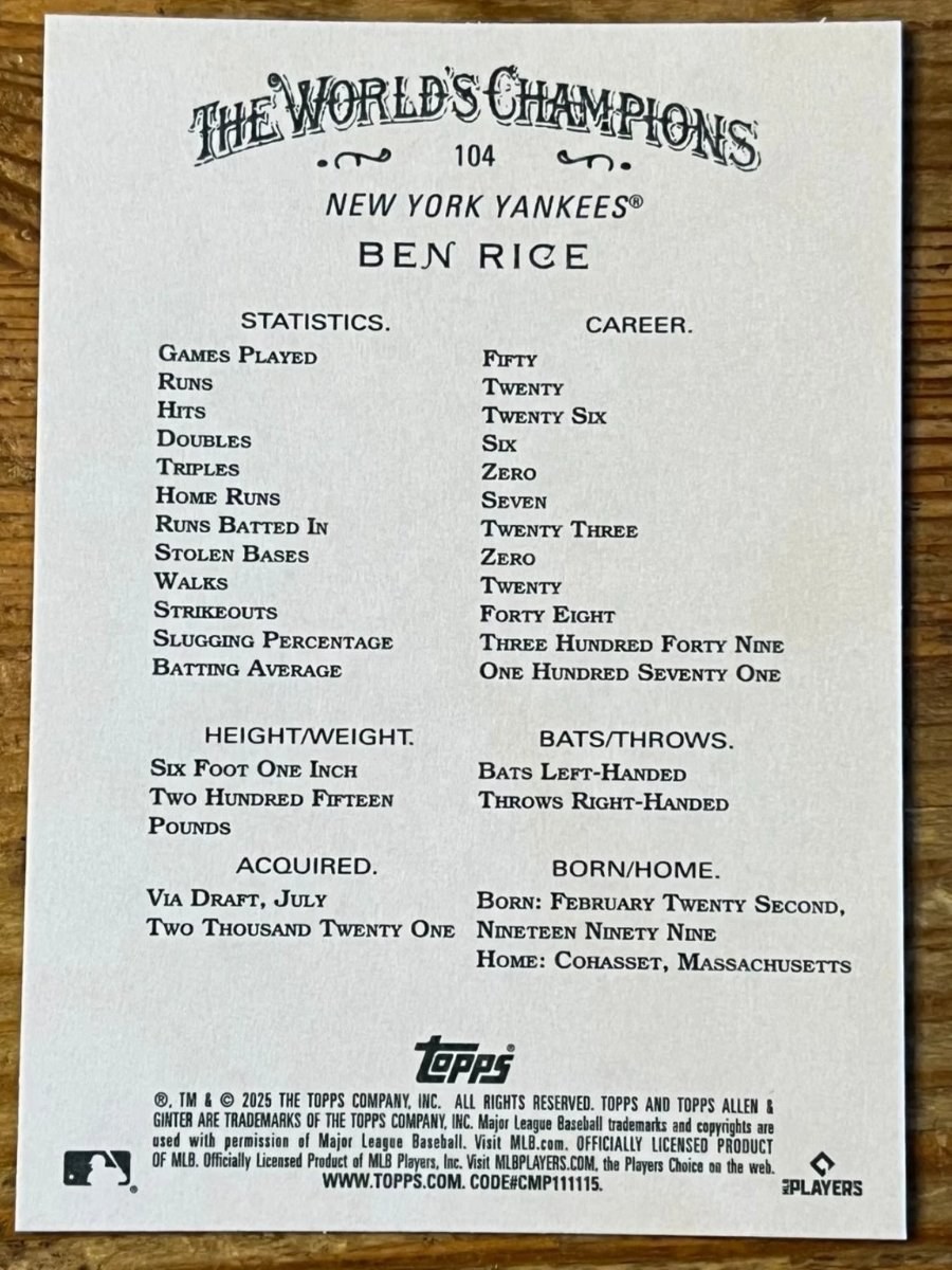 Reverso - Tarjeta Ben Rice Topps Allen & Ginter 2025 #N/A