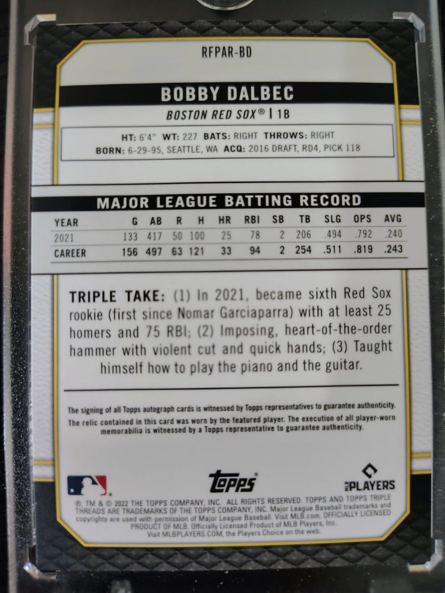 Reverso - Tarjeta Bobby Dalbec Topps 2022 #RFPAR-BD