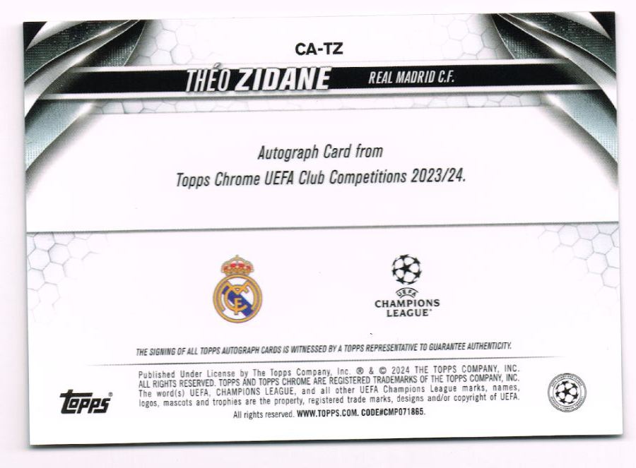 Reverso - Tarjeta Théo Zidane Topps Chrome UEFA Club Competitions 2023