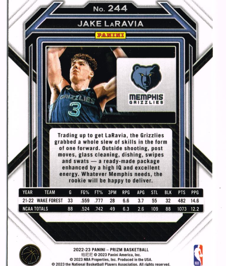 Reverso - Tarjeta Jake LaRavia Panini 2022 #244