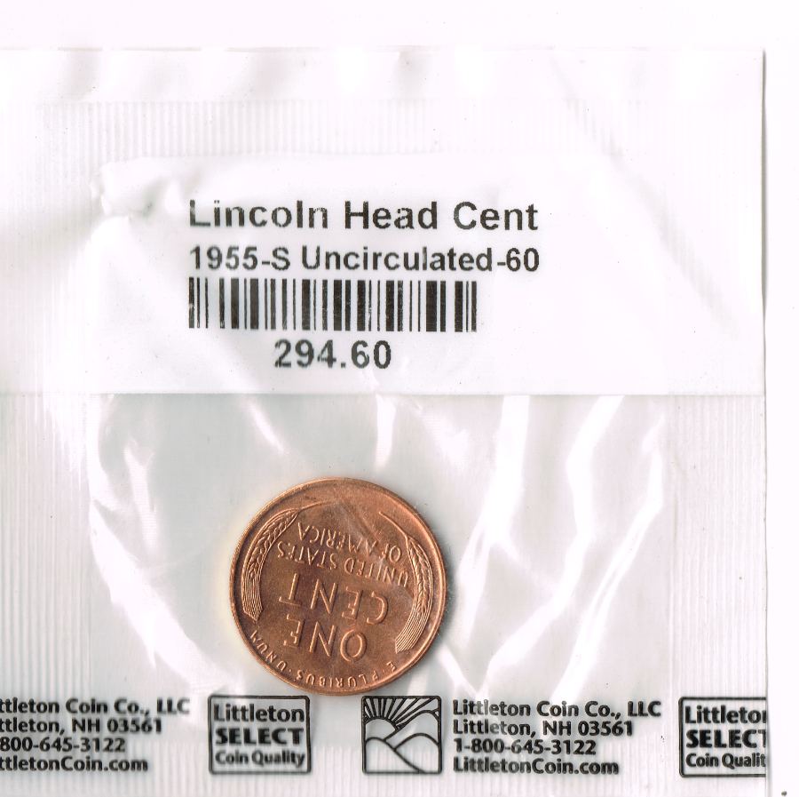 Reverso - Tarjeta 1955-S Lincoln Wheat Cent United States Mint (San Francisco / Littleton) 1955 #294.60