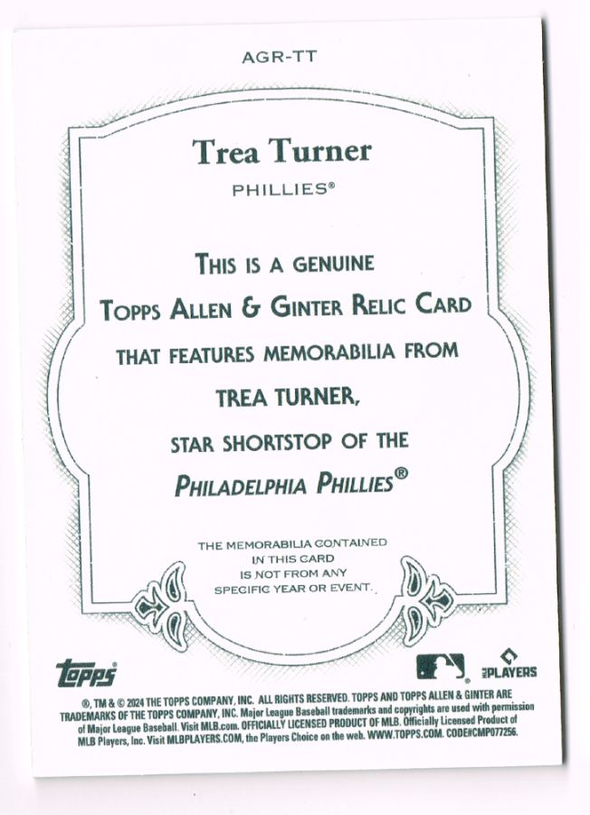 Reverso - Tarjeta Trea Turner Topps Allen & Ginter 2024 #AGR-TT