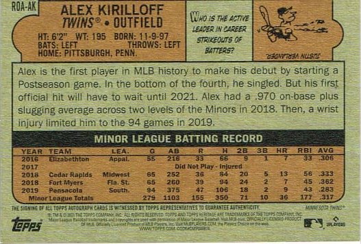 Reverso - Tarjeta Alex Kirilloff Topps Heritage 2021