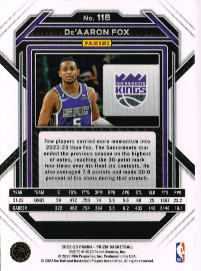 Reverso - Tarjeta De'Aaron Fox Panini Prizm 2022 #118