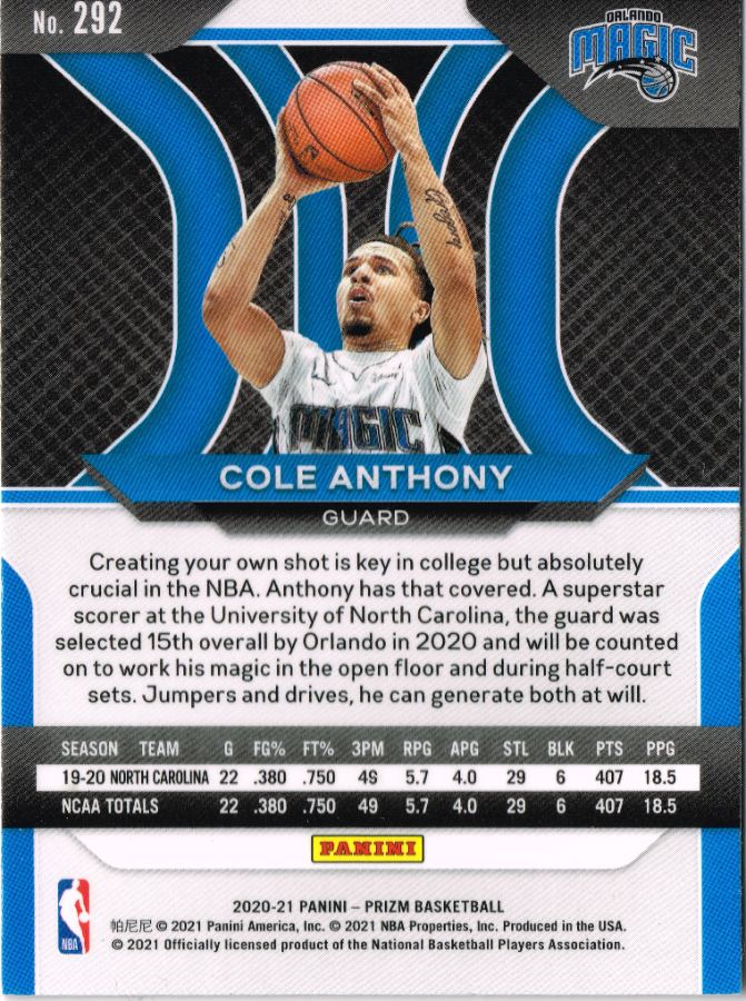 Reverso - Tarjeta Cole Anthony Panini Prizm 2020 #No. 292