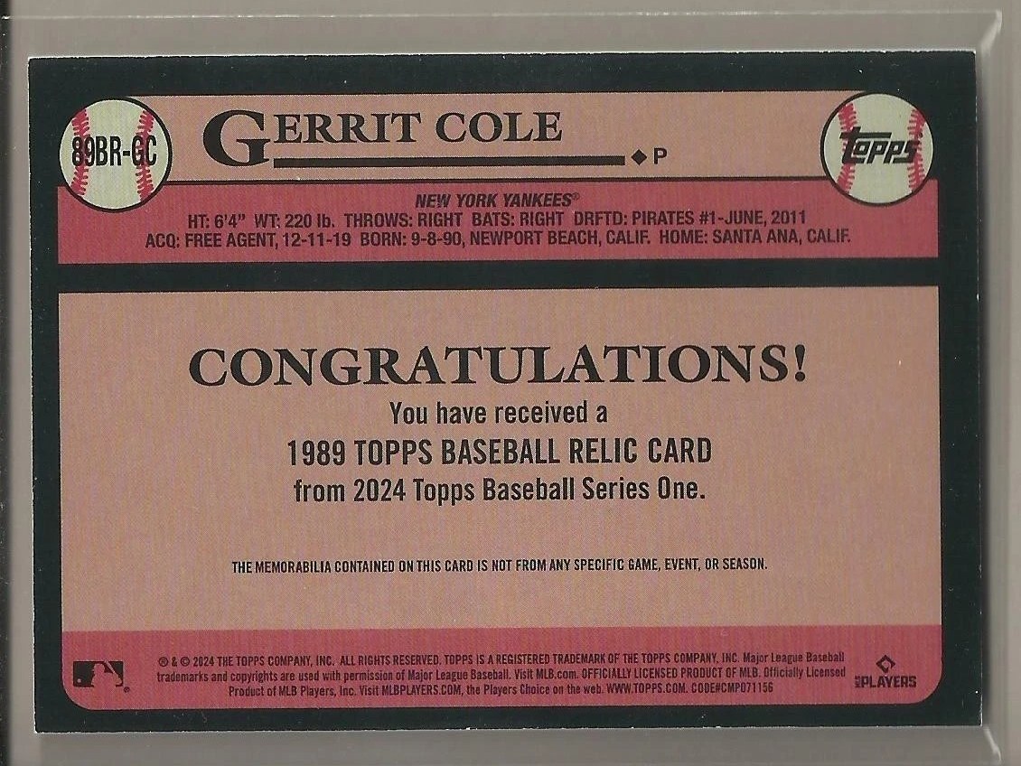 Reverso - Tarjeta Gerrit Cole Topps 2024 #89BR-GC