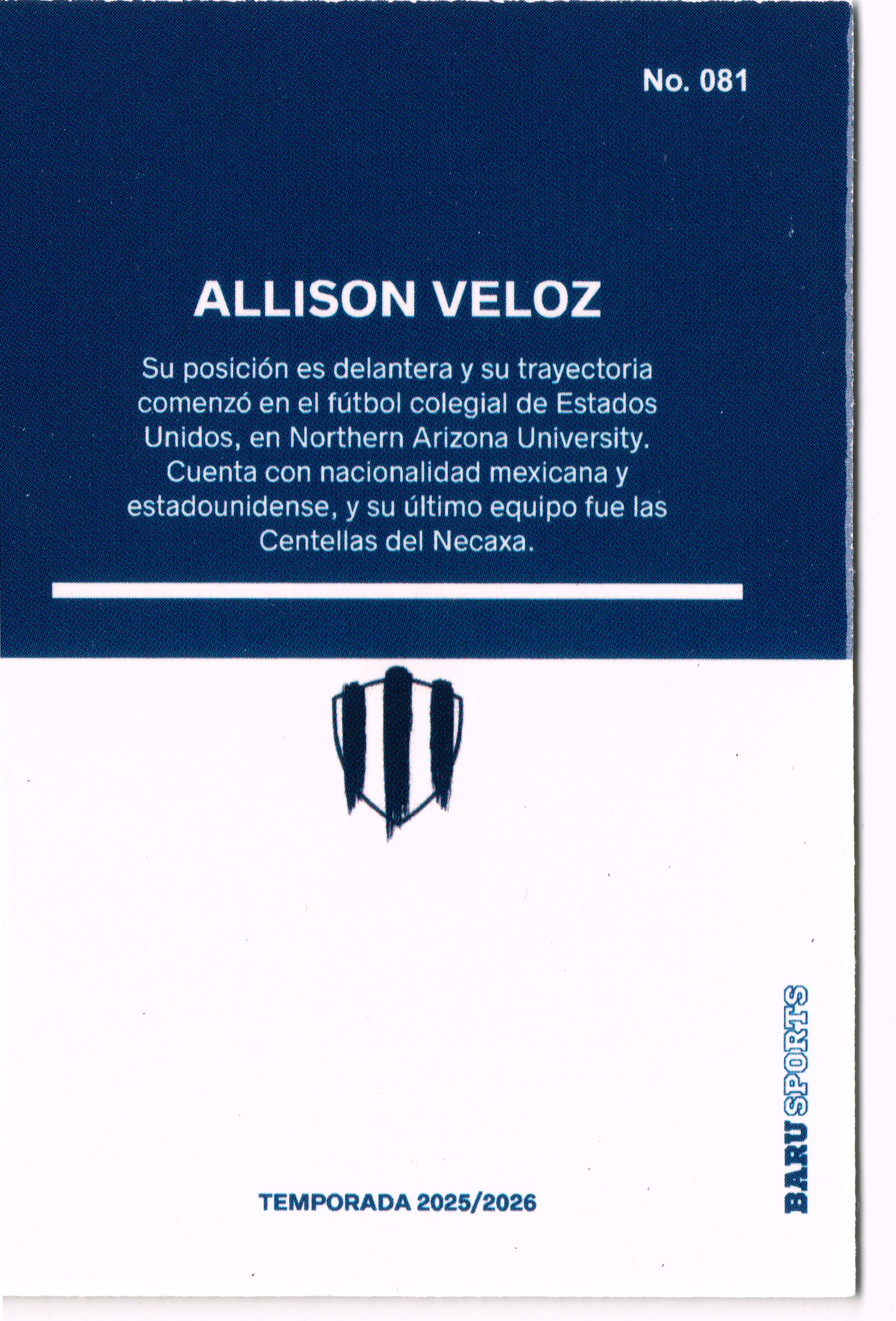 Reverso - Tarjeta Allison Veloz BARU SPORTS 2025 #No. 081