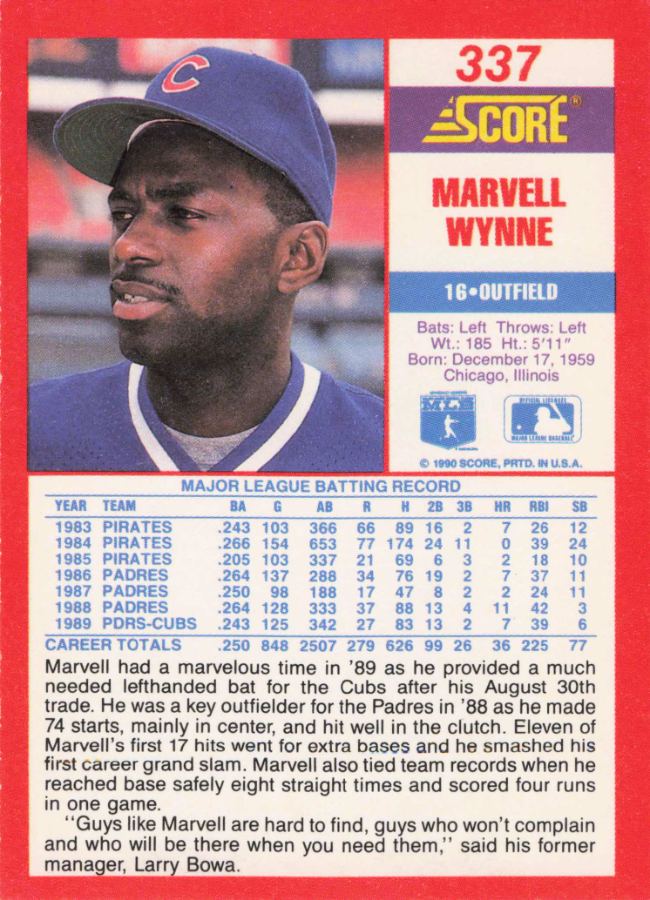 Reverso - Tarjeta Marvell Wynne Score 1990 #337