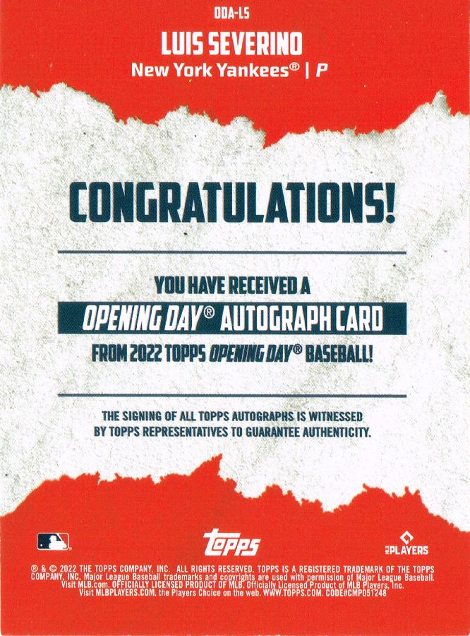 Reverso - Tarjeta Luis Severino Topps Opening Day 2022 #ODA-LS