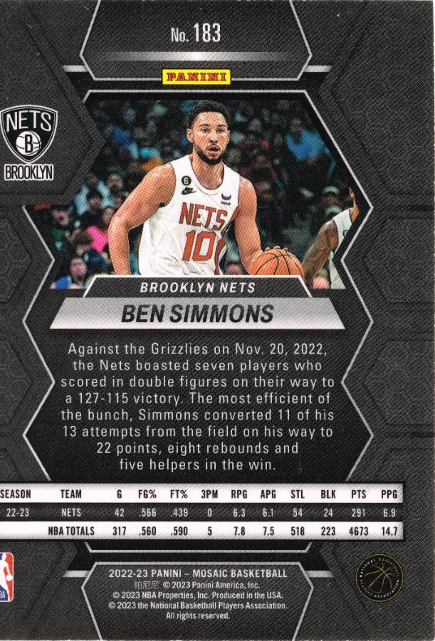 Reverso - Tarjeta Ben Simmons Panini Mosaic 2022 #183