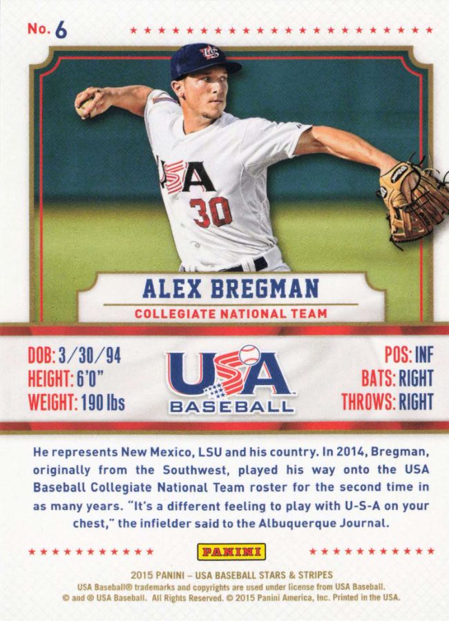 Reverso - Tarjeta Alex Bregman Panini 2015 #6