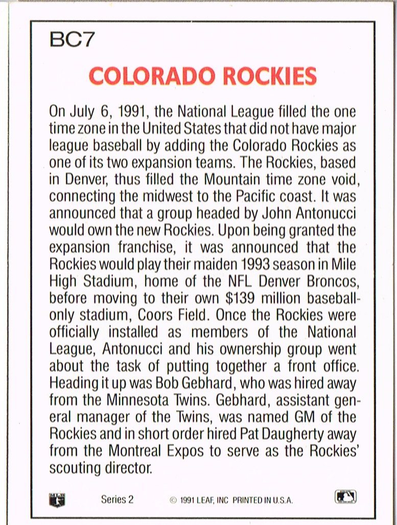 Reverso - Tarjeta Colorado Rockies Leaf 1991 #BC7