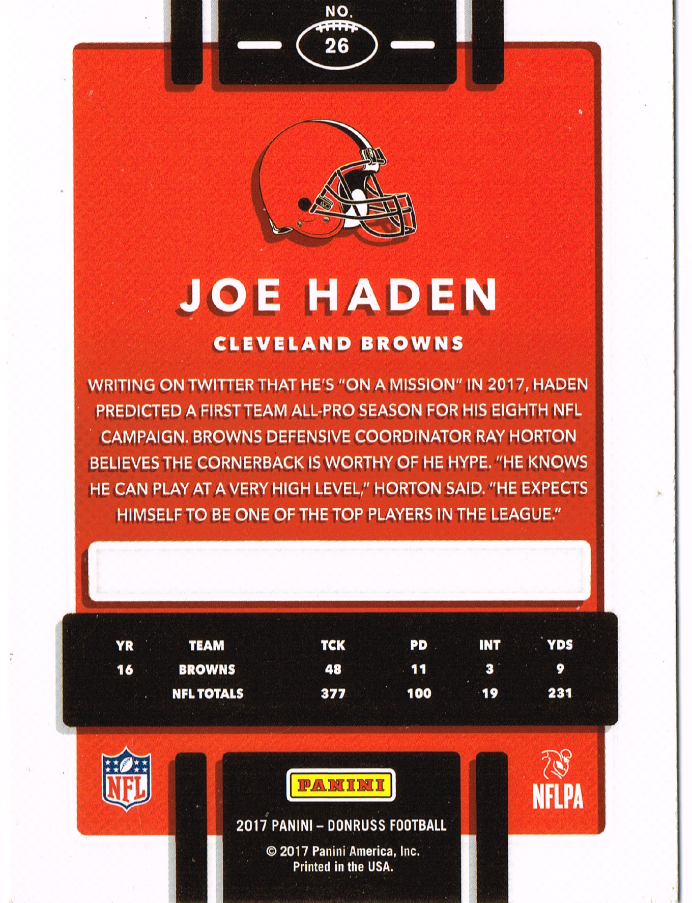 Reverso - Tarjeta Joe Haden Panini 2017 #No. 26