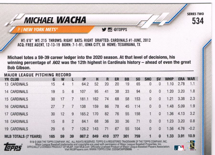 Reverso - Tarjeta Michael Wacha Topps 2020 #534