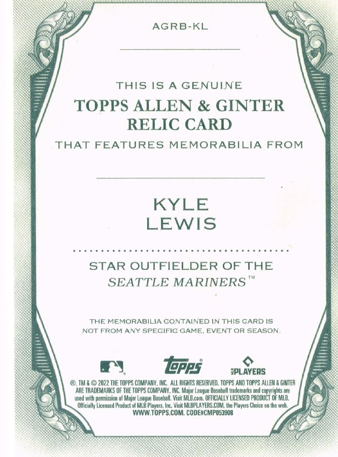 Reverso - Tarjeta Kyle Lewis Topps Allen & Ginter 2022 #AGRB-KL