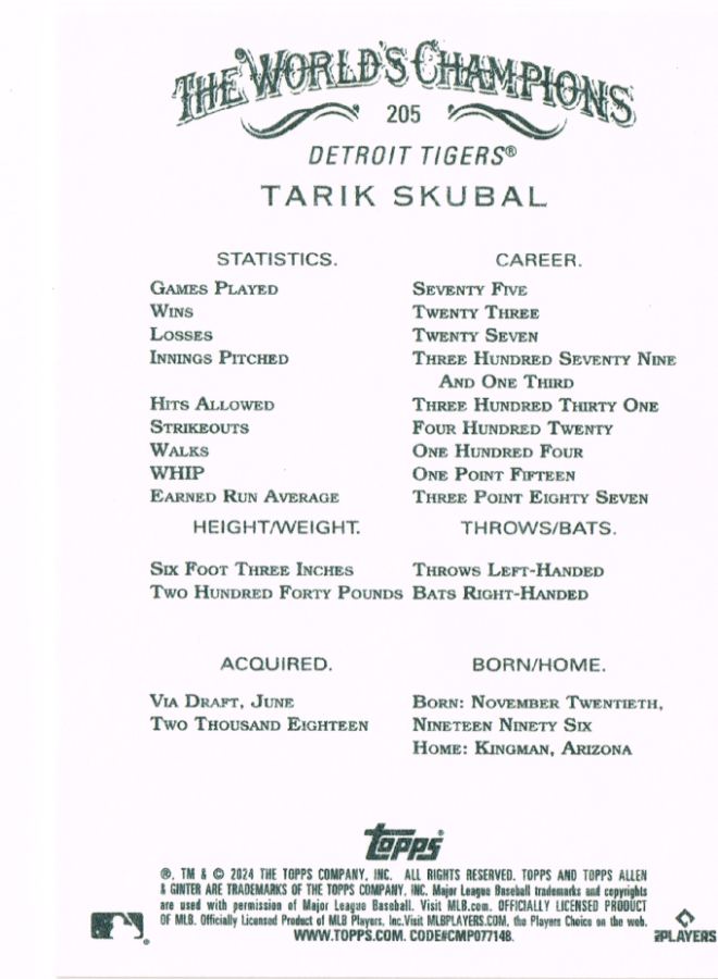 Reverso - Tarjeta Tarik Skubal Topps 2024 #No. 205