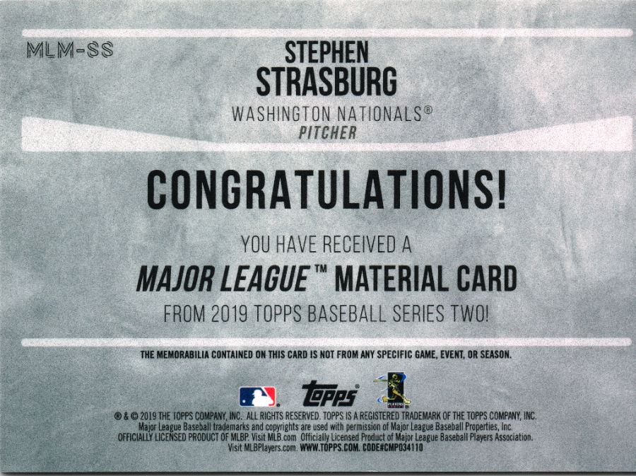Reverso - Tarjeta Stephen Strasburg Topps 2019 #MLM-SS