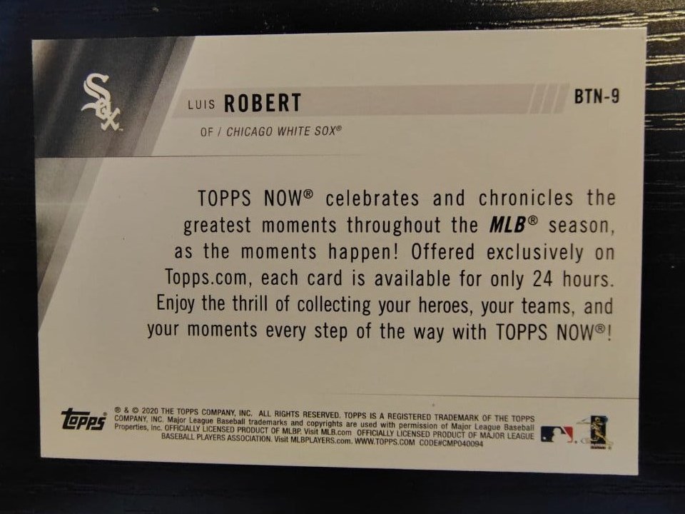 Reverso - Tarjeta Luis Robert Topps Now 2020